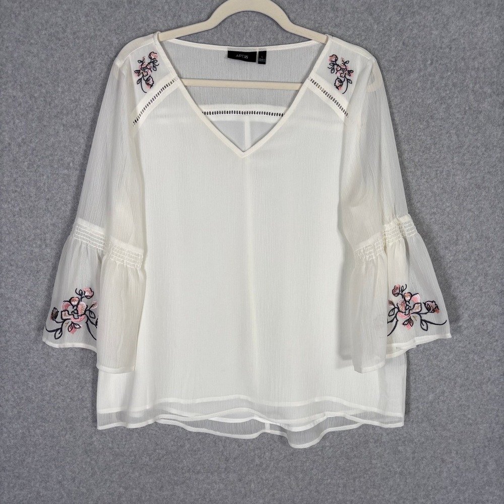 Apt 9 Peasant Blouse Large White Embroidered Bell Sleeve Sheer Crochet Cottage